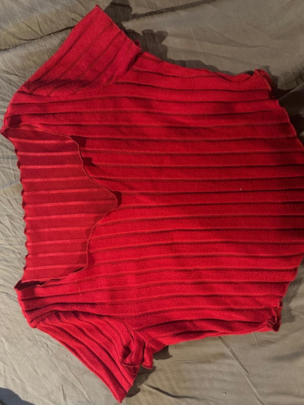 Red Ribbed Short Sleeve Top - Women